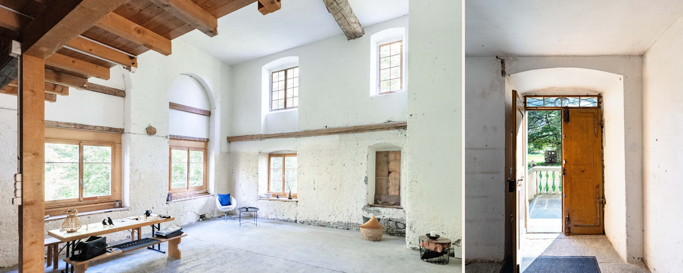 Sunlit panelled interior of a Swiss manor with a wooden chair