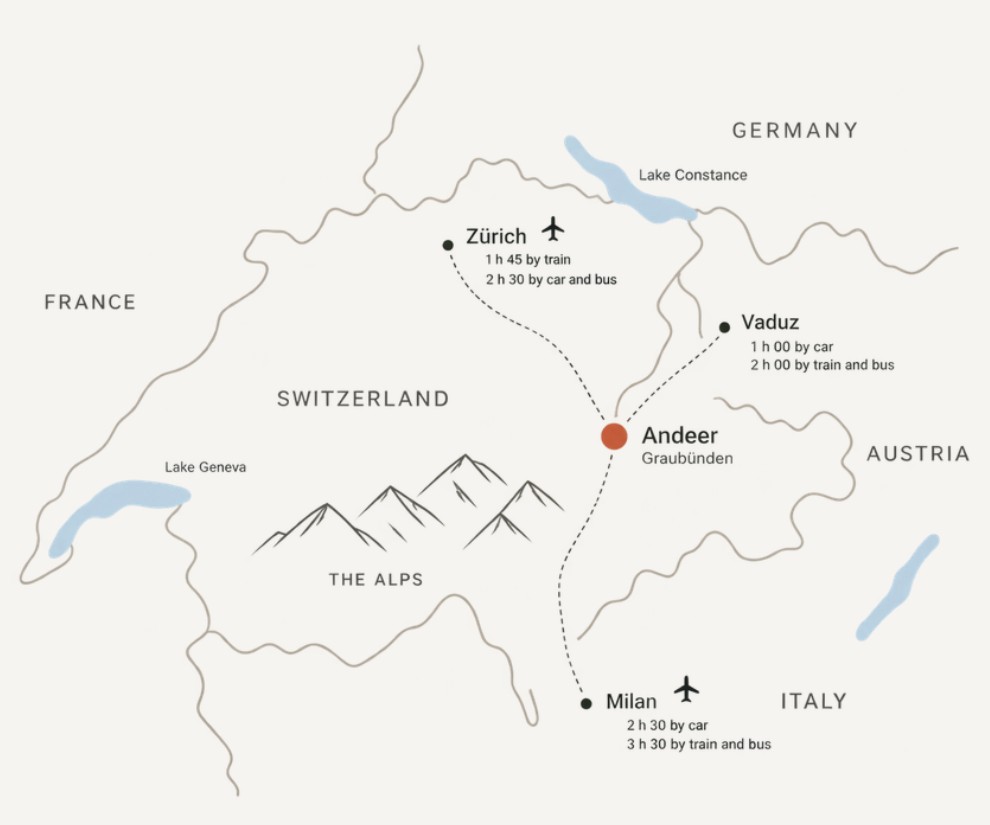 Illustrated map of Switzerland marking Andeer, Zurich, Vaduz and Milan