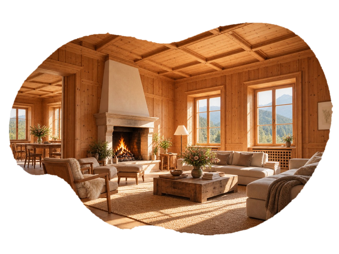 Sunlit panelled interior of a Swiss manor with a wooden chair